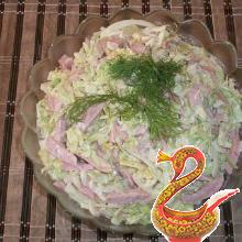 Russian salad from fresh cabbage with sausage